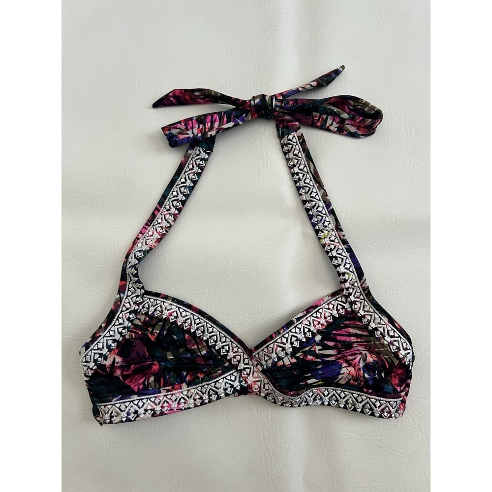 Victoria's Secret Pink Embroidered Halter Bikini Top Tropical Palm XS Beach Boho